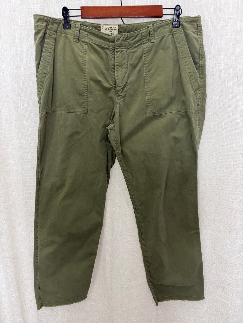 Nili Lotan Olive Green Casual Raw Hem Pants Size 12 Excellent Condition